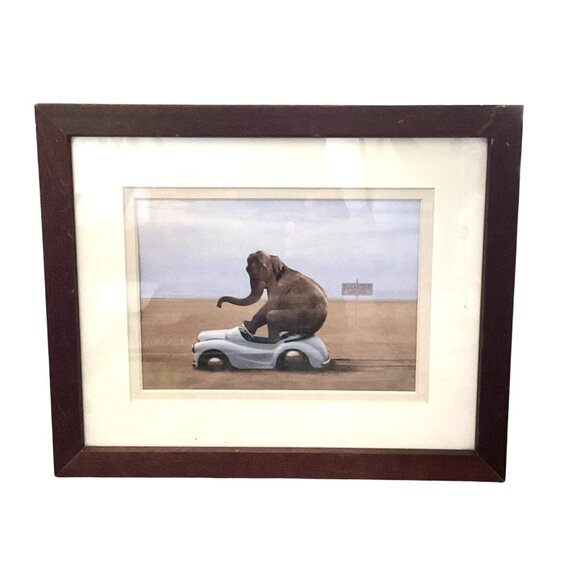 Framed Elephant On Toy Car Art Print In Wooden Frame With Beige Matting - Picture 5 of 11
